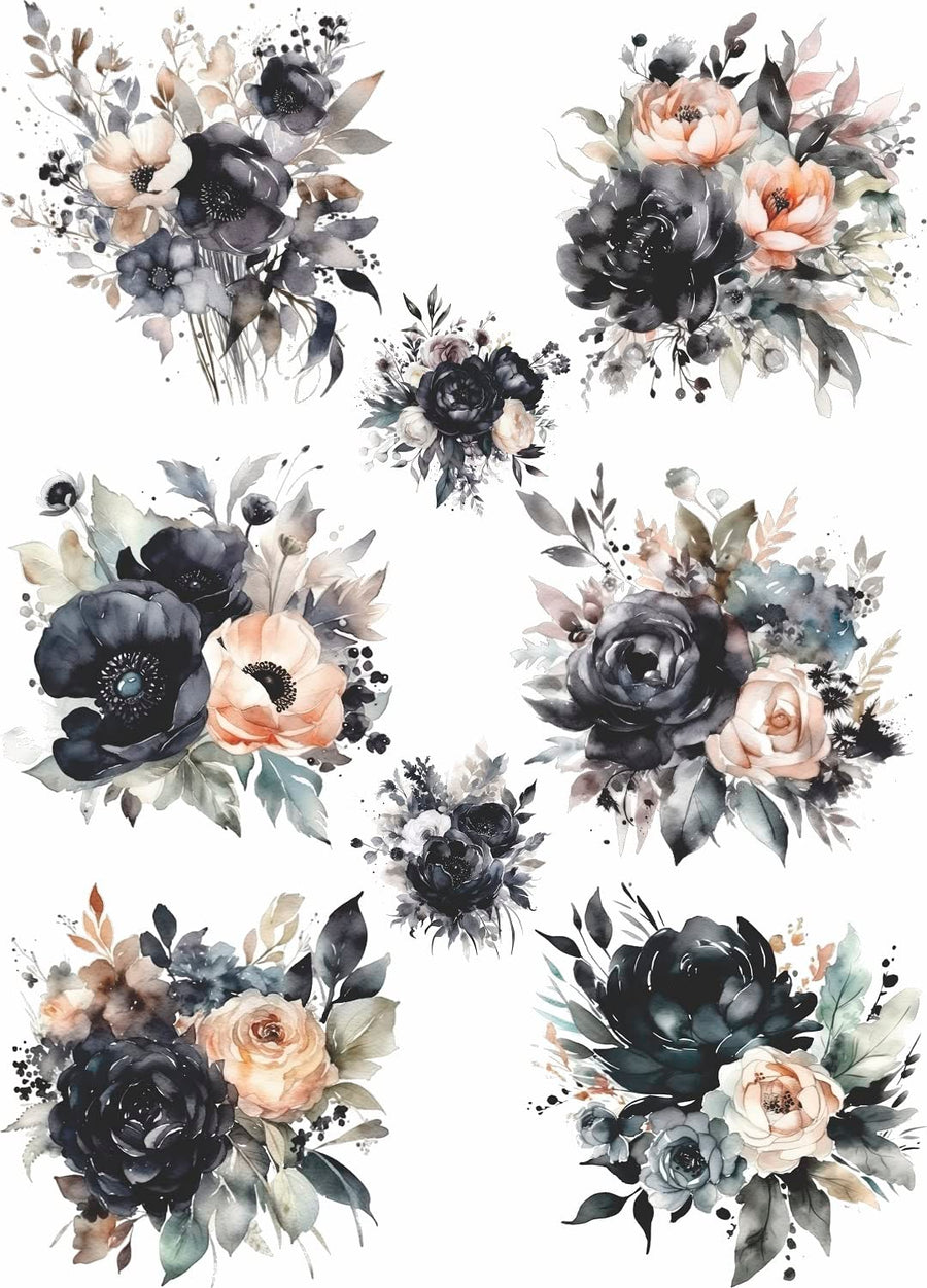 Black Bouquet Rice Paper, 29.21 x 40.64 cm - 8 Unique Bouquet Images Printed on 36gsm Mulberry Paper Visible Fibres for Decoupage Furniture Renovation Crafts.
