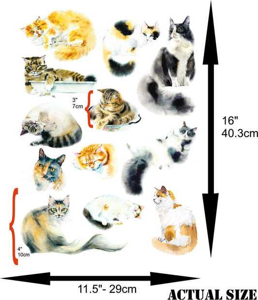 Watercolor Cats Rice Paper, 29.21 x 40.64 cm - 12 Unique Cat Images Printed on 36gsm Mulberry Paper Visible Fibres for Decoupage Furniture Renovation Crafts.