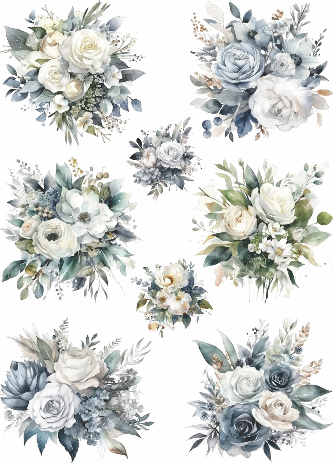Silver Bouquet Rice Paper, 29.21 x 40.64 cm - 8 Unique Bouquet Images Printed on 36gsm Mulberry Paper Visible Fibres for Decoupage Furniture Renovation Crafts.