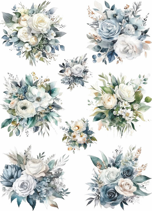 Silver Bouquet Rice Paper, 29.21 x 40.64 cm - 8 Unique Bouquet Images Printed on 36gsm Mulberry Paper Visible Fibres for Decoupage Furniture Renovation Crafts.