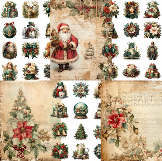 Vintage Christmas Rice Paper- 6 Unique Printed Mulberry Paper Pages 30gsm