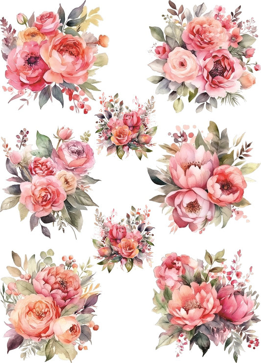 Pink Bouquet Rice Paper- 8 Unique Bouquet Images Printed on 36gsm