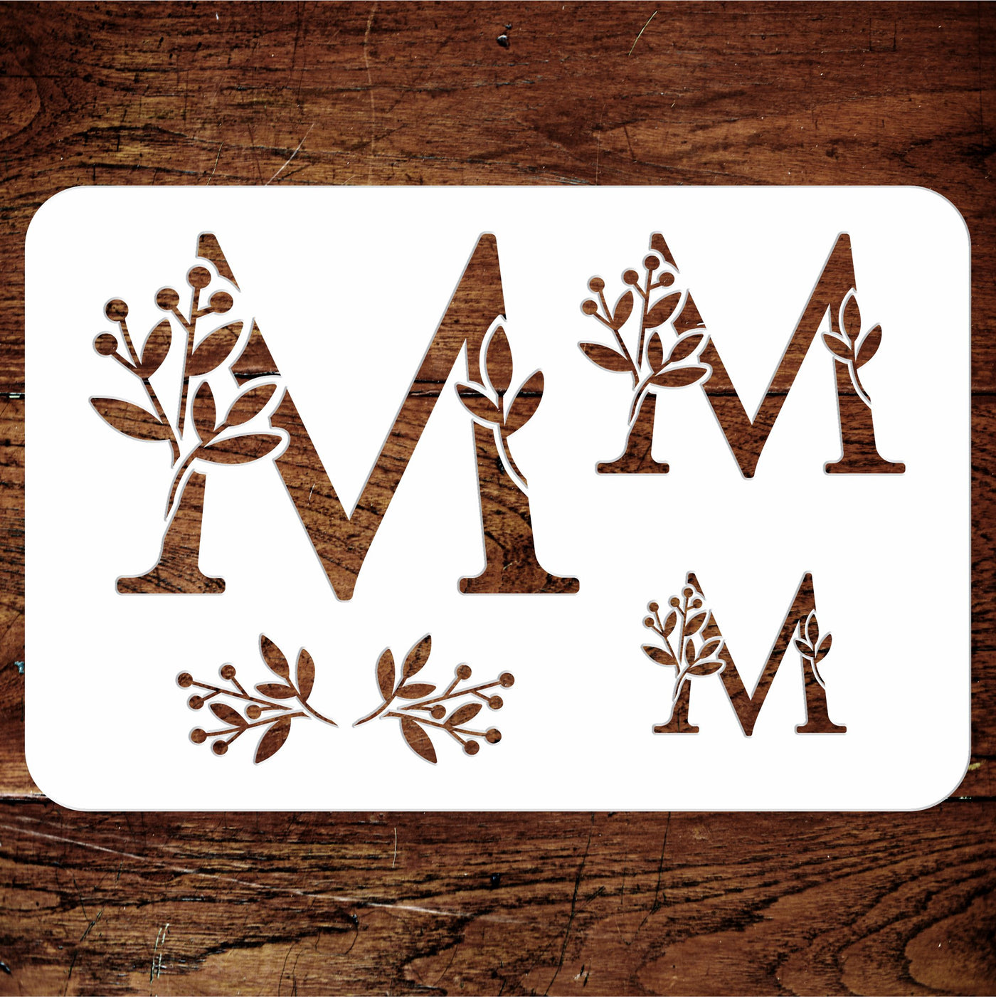 Flower Monogram M Stencil - Leaf Flower Initial 4.5 / 3 / 2 inch on One Sheet