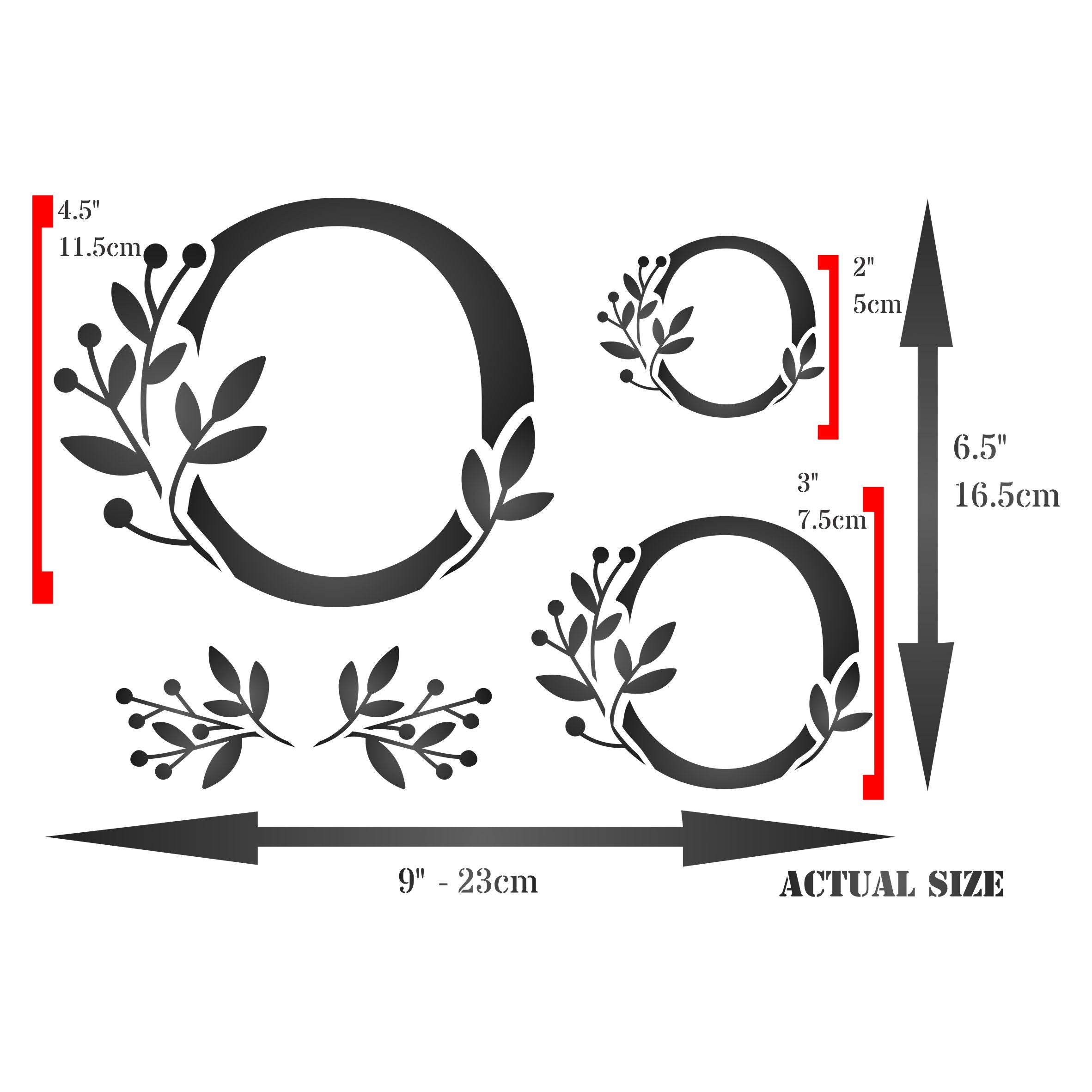 Flower Monogram O Stencil - Leaf Flower Initial 4.5 / 3 / 2 inch on One Sheet