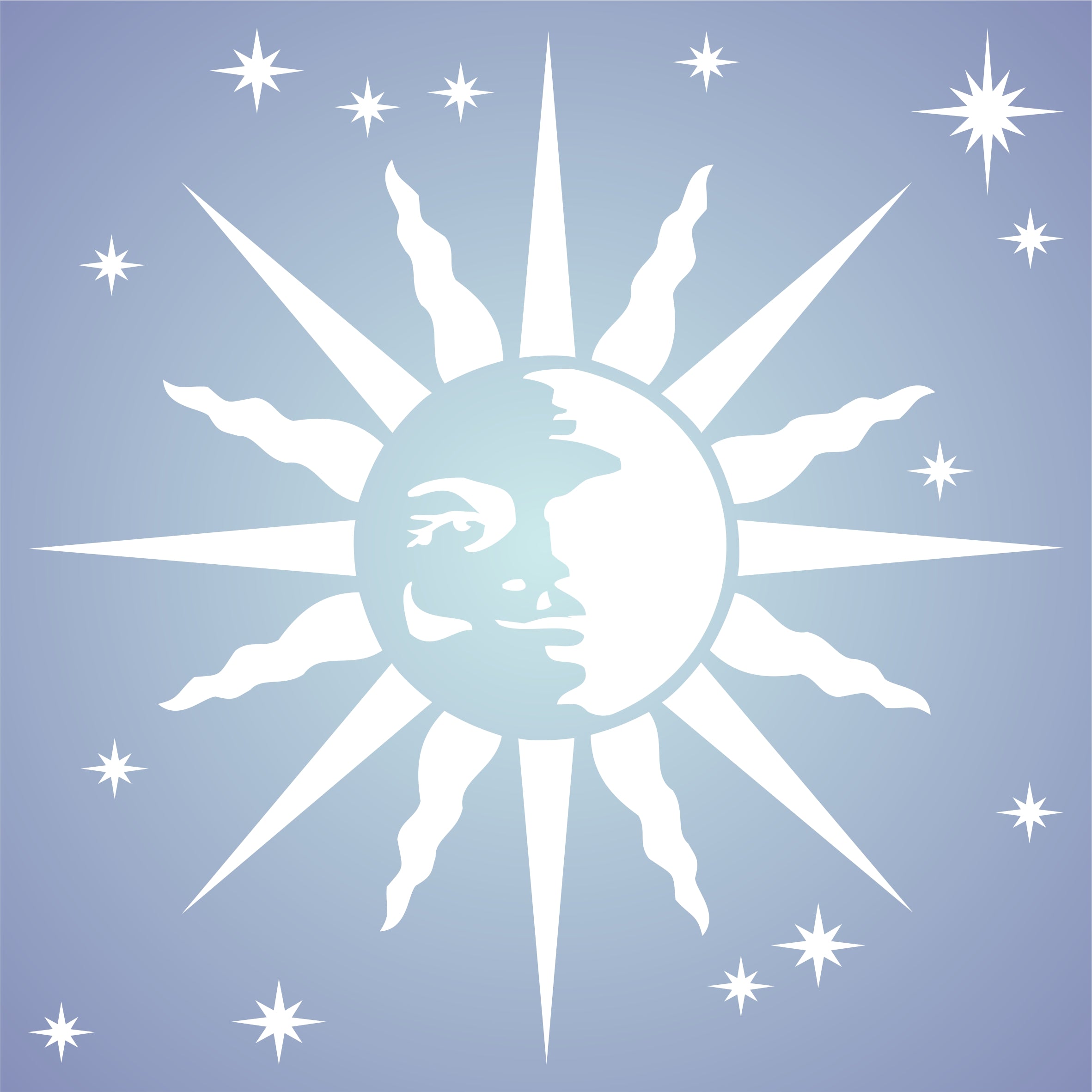 Retro Sun Stencil, 14 x 14 inch - Celestial Sun Face Art Nouveau Deco Style