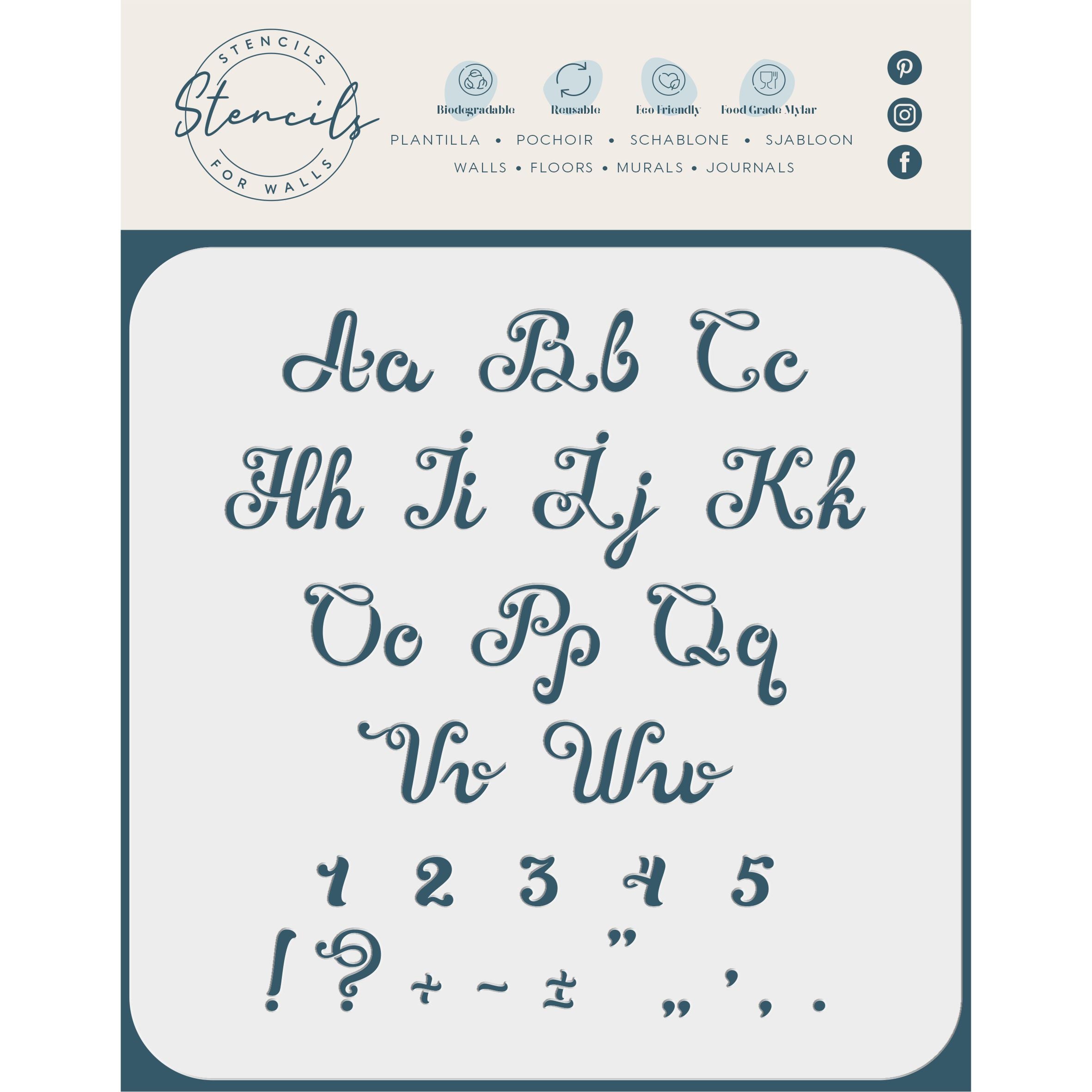 Vintage Cursive Stencil - Letters Number ABC Alphabet Punctuation