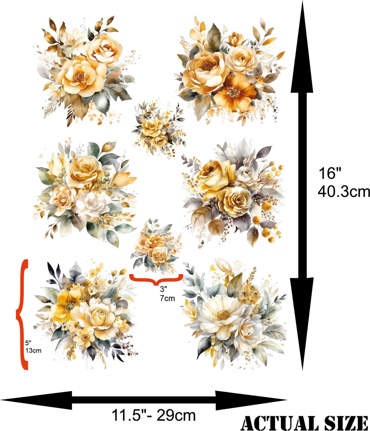 Gold Bouquet Rice Paper, 29.21 x 40.64 cm - 8 Unique Bouquet Images Printed on 36gsm Mulberry Paper Visible Fibres for Decoupage Furniture Renovation Crafts.