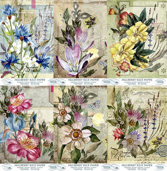 Floral Postcard Rice Paper, 20.32 x 26.67 cm - 6 x Different Printed Mulberry Paper Images 30gsm Visible Fibres for Decoupage Crafts Mixed Media Collage Art