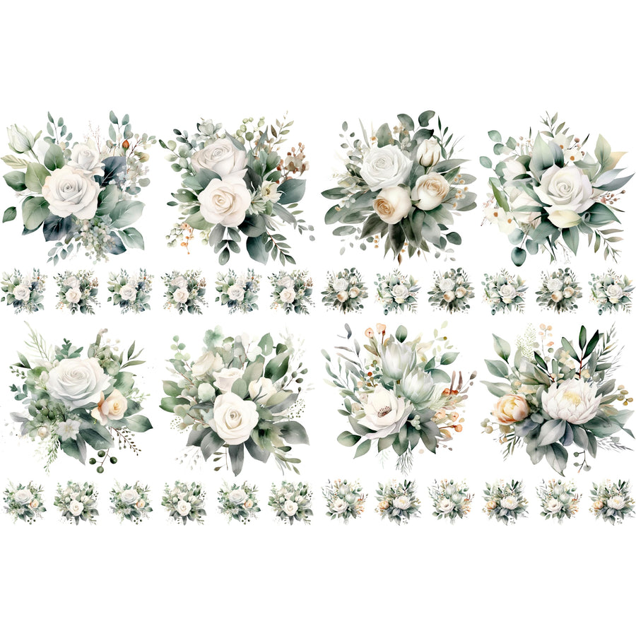 Bouquet Rice Papers - 4 Pages | 32 Pieces | 8 Unique Designs | Versatile Decoupage Designs for Art Projects & Crafting by CRAFT KREATIVELY (White)