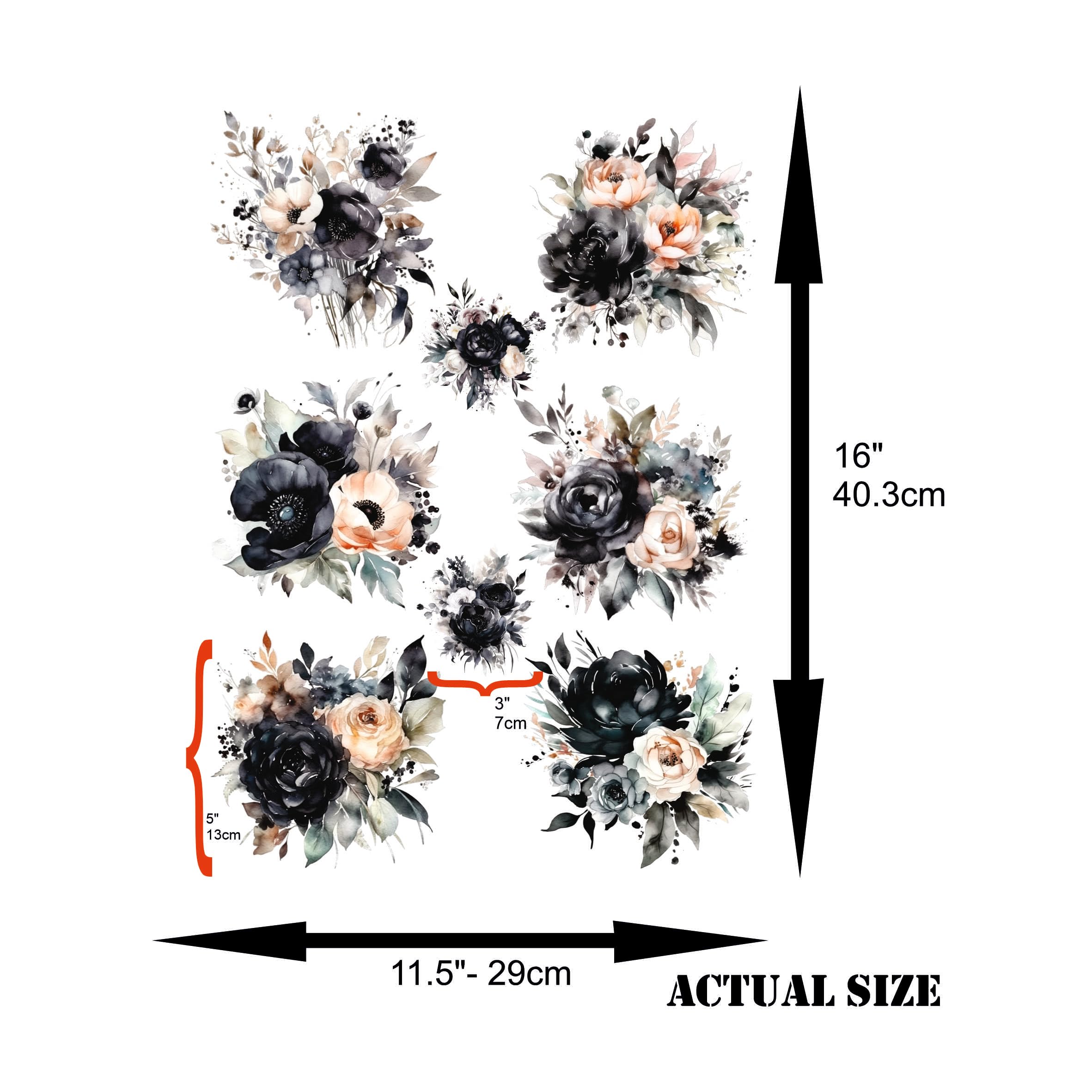 Black Bouquet Rice Paper, 29.21 x 40.64 cm - 8 Unique Bouquet Images Printed on 36gsm Mulberry Paper Visible Fibres for Decoupage Furniture Renovation Crafts.