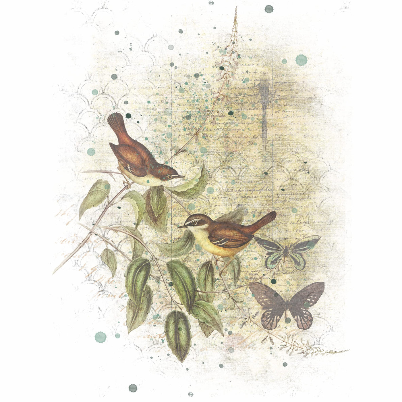 Birds in Branches Overlay Rice Paper, 20.32 x 26.67 cm - 6 Unique Printed Mulberry Paper Images 30gsm Visible Fibres for Decoupage Crafts Mixed Media Collage Art