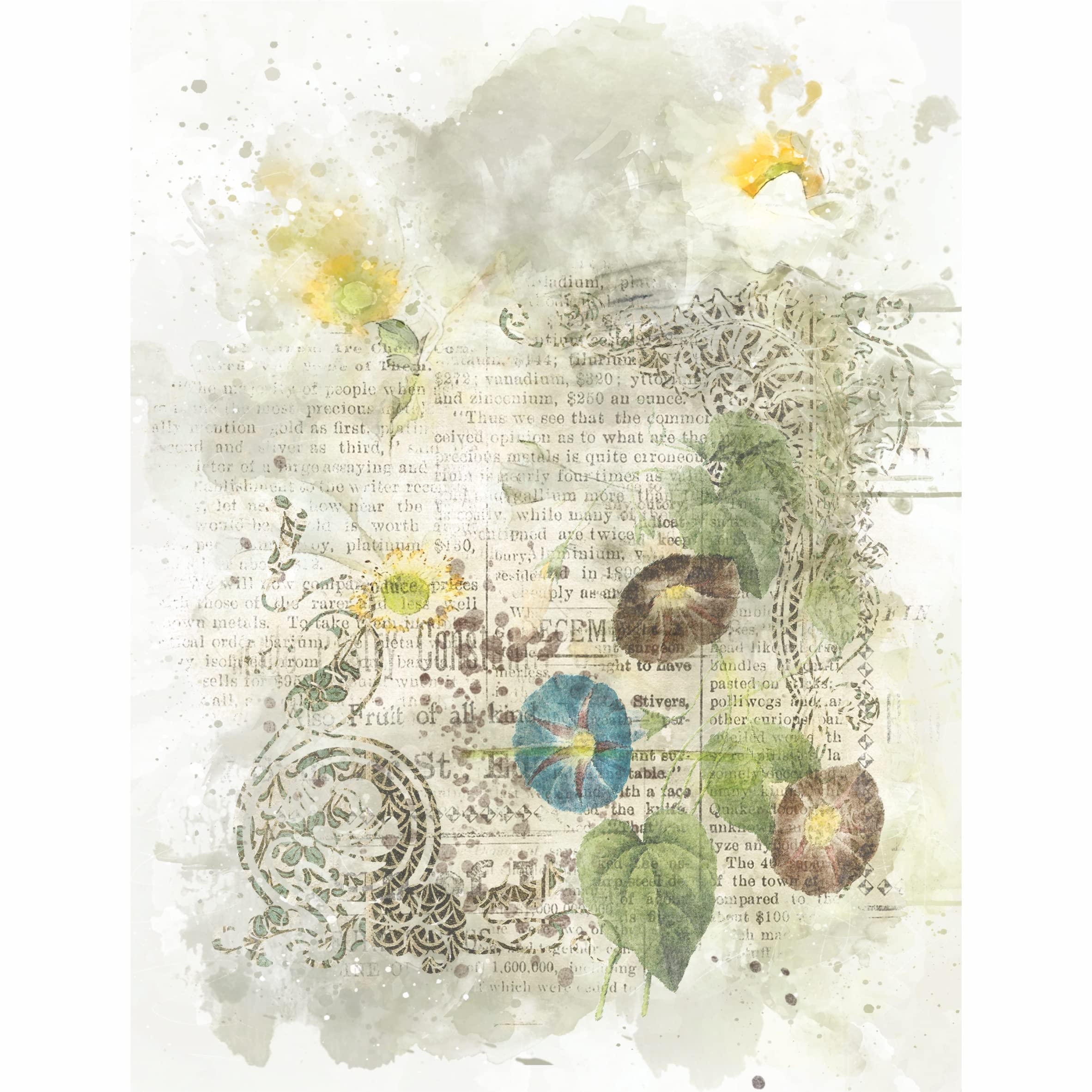 Distressed Floral Overlay Rice Paper, 20.32 x 26.67 cm - 6 x Different Printed Mulberry Paper Images 30gsm Visible Fibres for Decoupage Crafts Mixed Media Collage Art