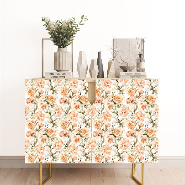 Peach Floral Rice Paper- 4 Sheets Seamless Printed Mulberry Paper 36gsm