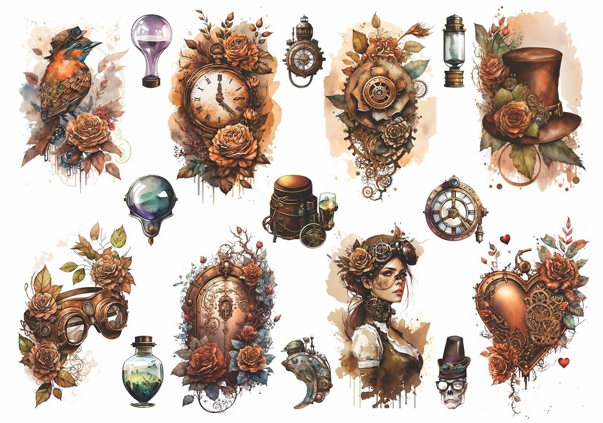 Steampunk Rice Paper, 29.21 x 40.64 cm - 17 Unique Steampunk Images Printed on 36gsm Mulberry Paper Visible Fibres for Decoupage Furniture Renovation Crafts.