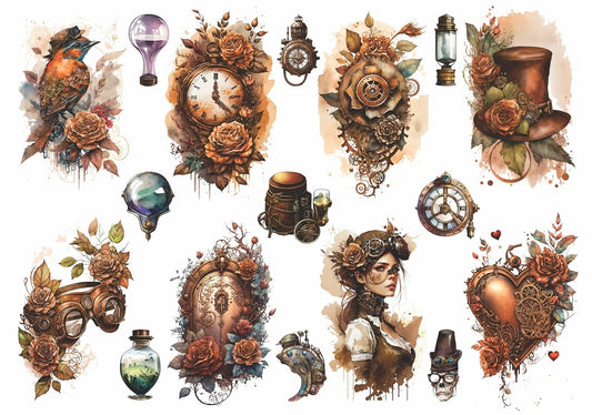 Steampunk Rice Paper, 29.21 x 40.64 cm - 17 Unique Steampunk Images Printed on 36gsm Mulberry Paper Visible Fibres for Decoupage Furniture Renovation Crafts.