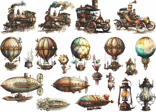 Steampunk Transport Rice Paper, 29.21 x 40.64 cm - 20 Unique Steampunk Images Printed on 36gsm Mulberry Paper Visible Fibres for Decoupage Furniture Renovation Crafts.