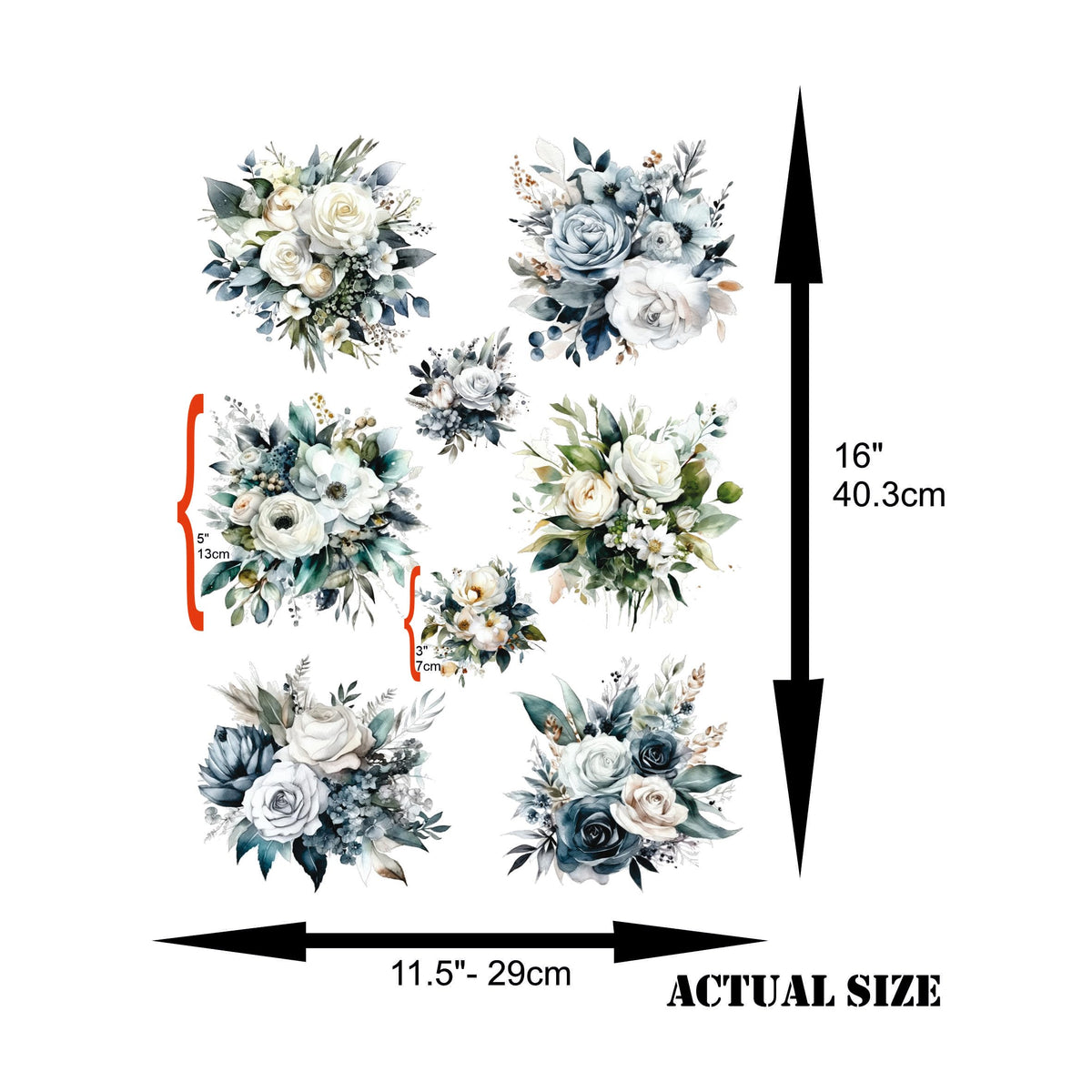 Silver Bouquet Rice Paper, 29.21 x 40.64 cm - 8 Unique Bouquet Images Printed on 36gsm Mulberry Paper Visible Fibres for Decoupage Furniture Renovation Crafts.