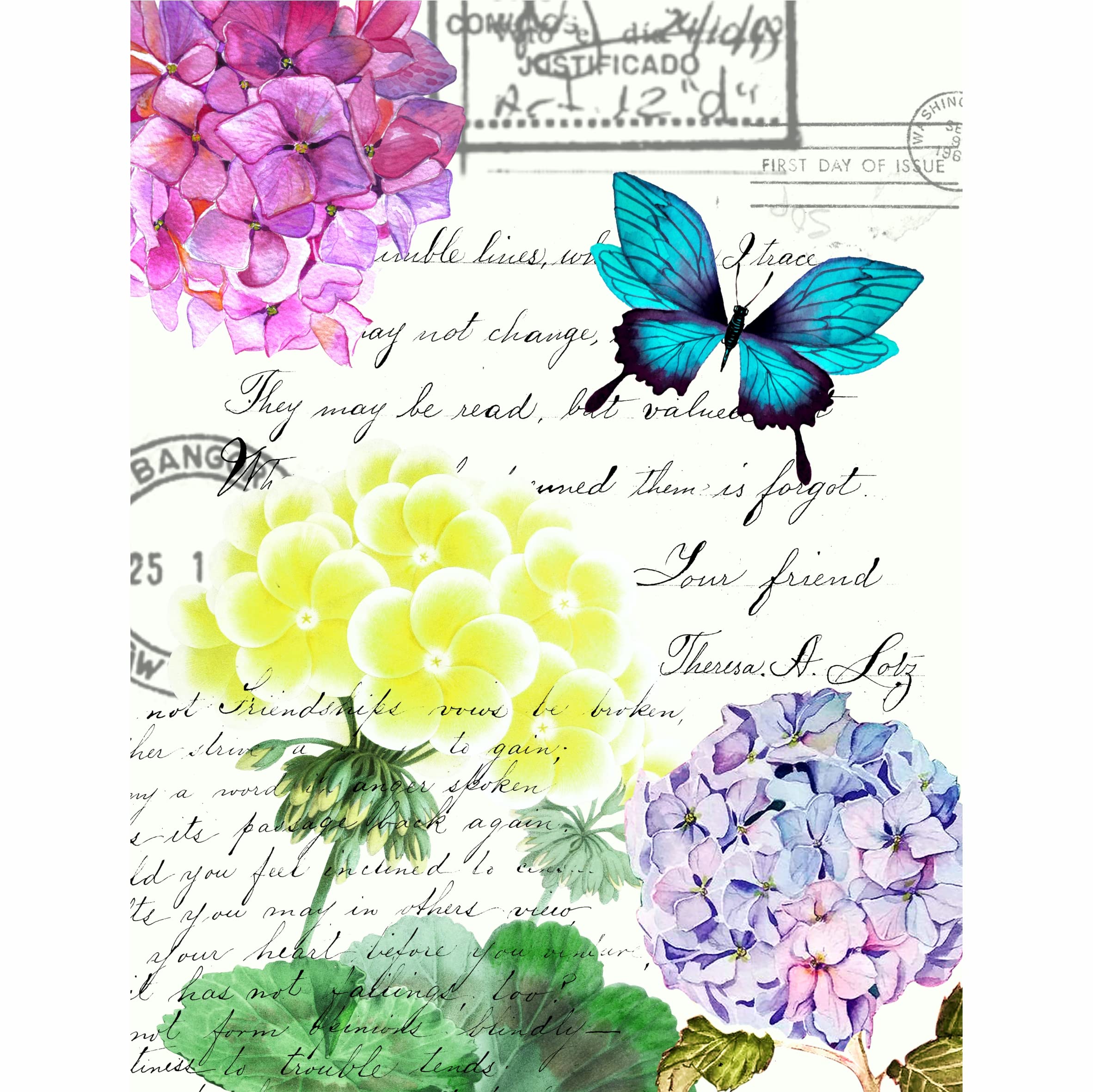 Aqua Butterfly Mulberry Rice Paper, 20.5 x 26.5cm - 6 x Different Printed Mulberry Paper Images 30gsm Visible Fibres for Decoupage Crafts Mixed Media Collage Art