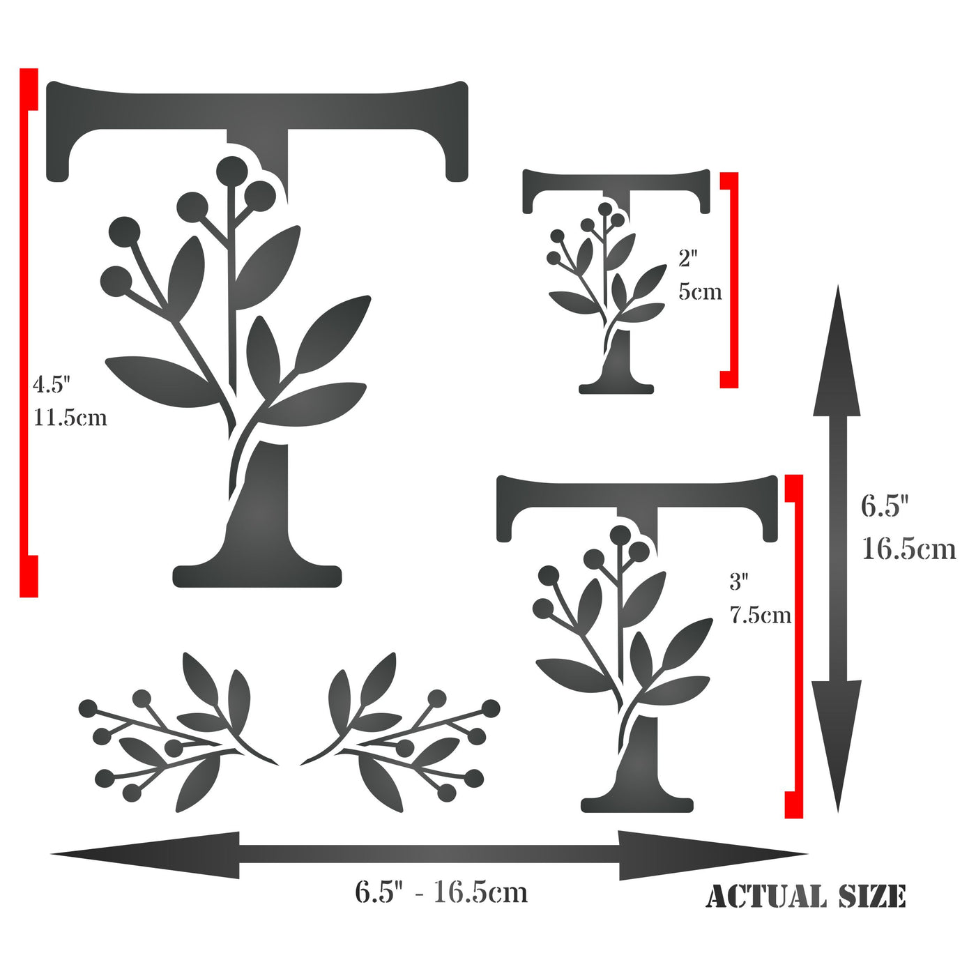 Flower Monogram T Stencil - Leaf Flower Initial 4.5 / 3 / 2 inch on One Sheet