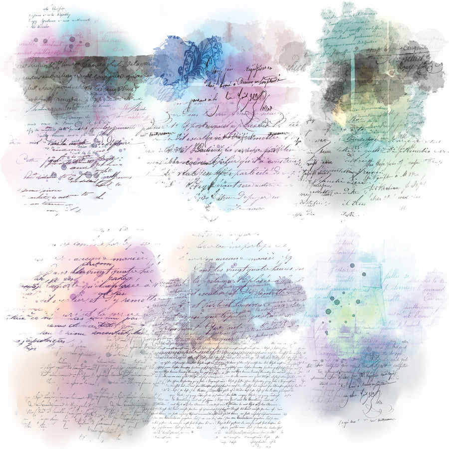 Colored Script Overlay Rice Paper- 6 x Printed Mulberry Paper Images 30gsm