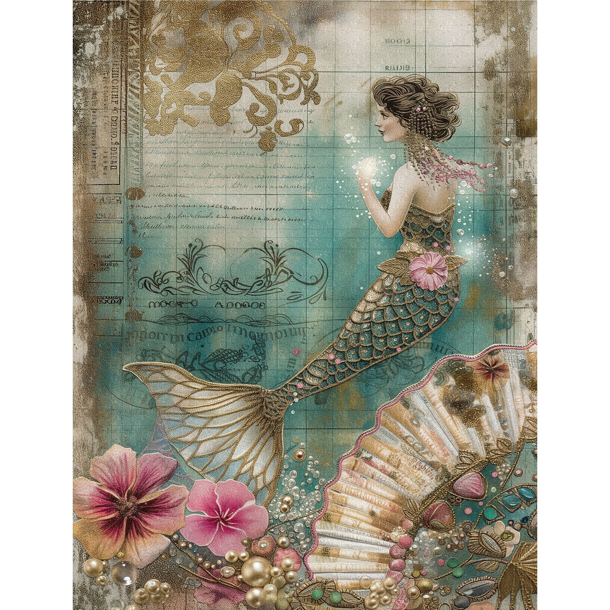 Mermaid Decoupage Rice Paper, 8 x 10.5 inch - for Scrapbooking Cards Crafts