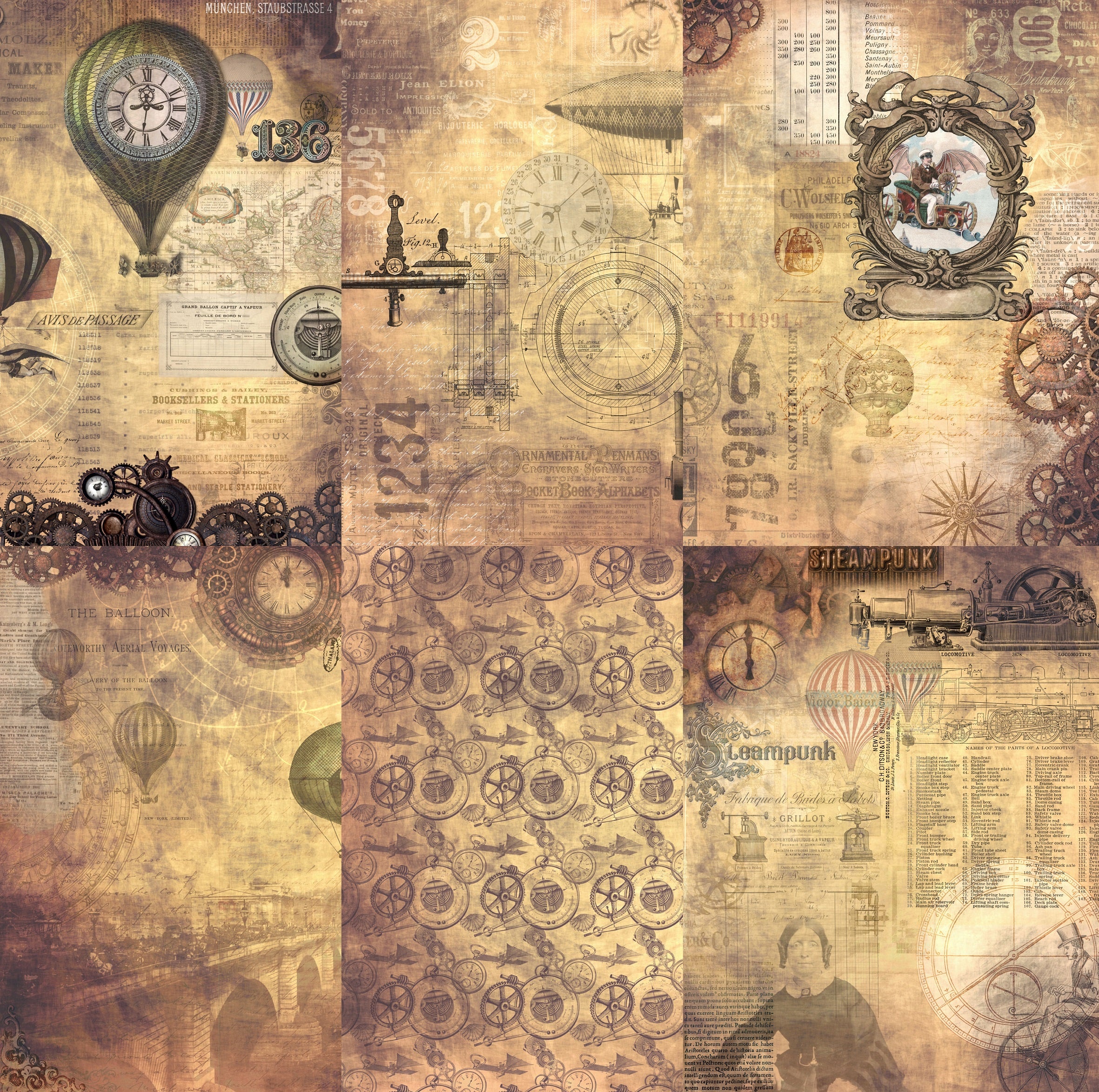 Steampunk Mix Rice Paper- 6 x Different Printed Mulberry Paper Images 30gsm