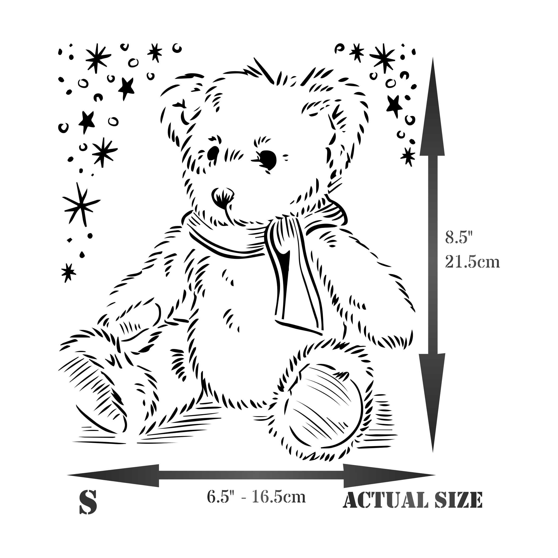 Teddy Bear Stencil - Fluffy Tatty Scruffy Teddy Scarf Stars Kids Childs