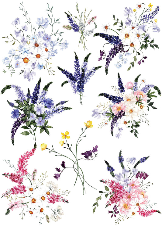Wild Flowers Bouquet Rice Paper, 29.21 x 40.64 cm - 9 Unique Bouquet Images Printed on 36gsm Mulberry Paper Visible Fibres for Decoupage Furniture Renovation Crafts.