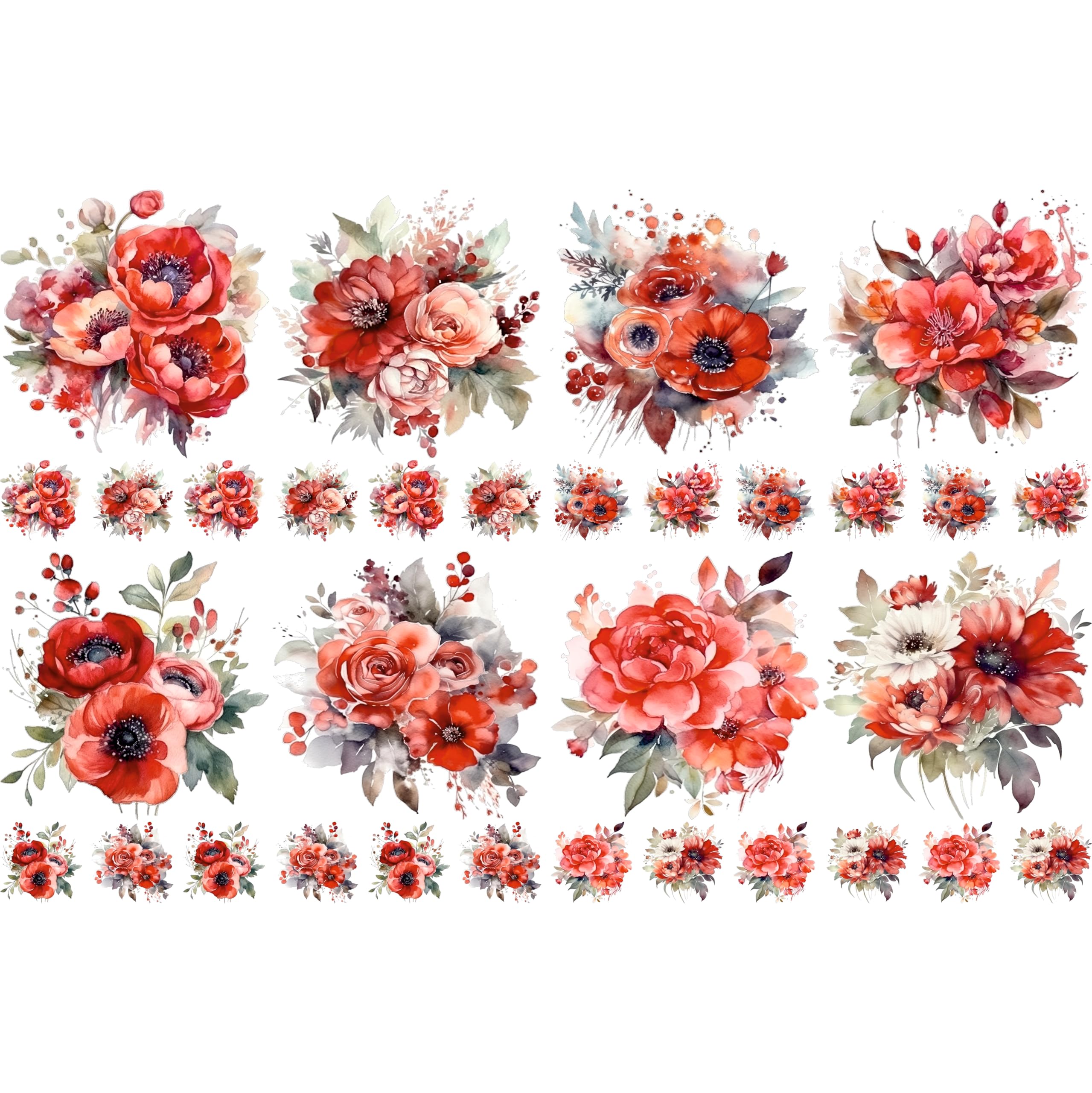 Bouquet Rice Papers - 4 Pages | 32 Pieces | 8 Unique Designs | Versatile Decoupage Designs for Art Projects & Crafting by CRAFT KREATIVELY (Red)