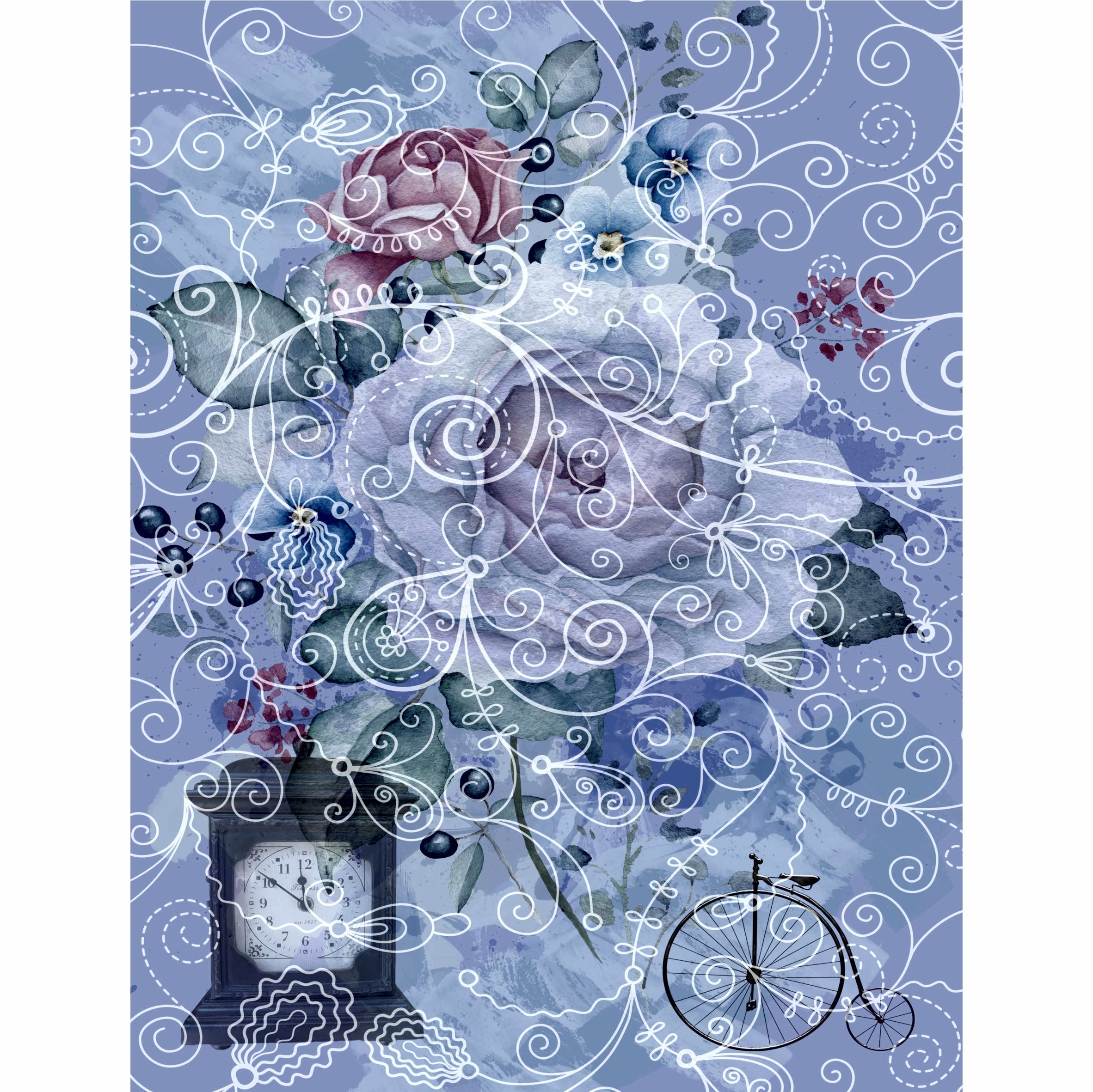 Blue Background Mulberry Rice Paper, 20.5 x 26.5cm - 6 x Different Printed Mulberry Paper Images 30gsm Visible Fibres for Decoupage Crafts Mixed Media Collage Art