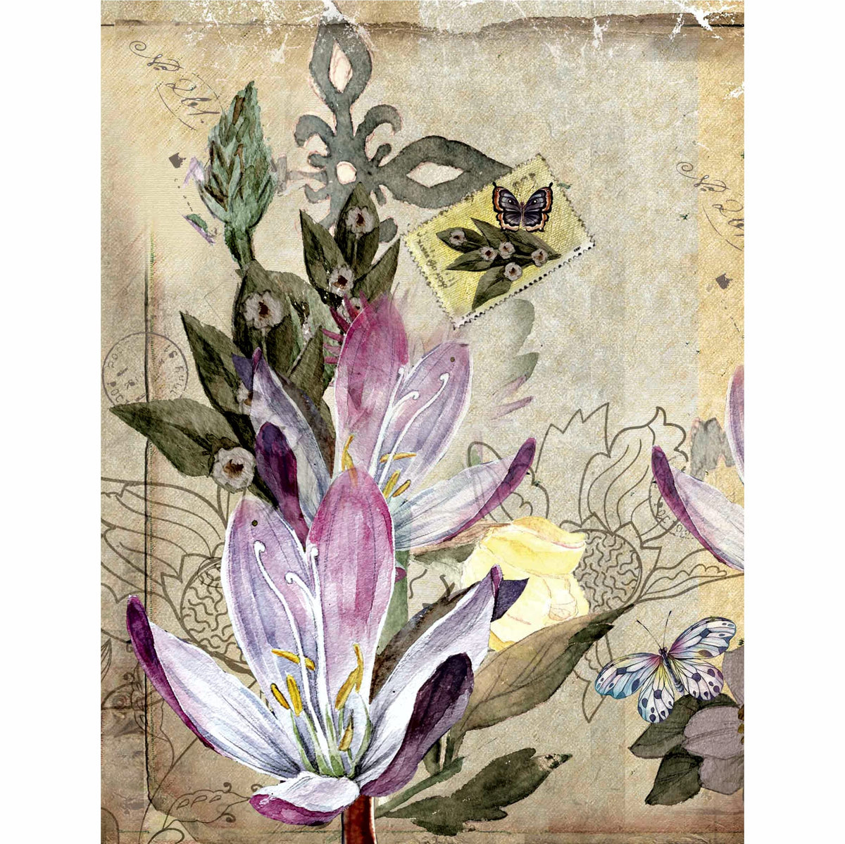 Floral Postcard Rice Paper, 20.32 x 26.67 cm - 6 x Different Printed Mulberry Paper Images 30gsm Visible Fibres for Decoupage Crafts Mixed Media Collage Art