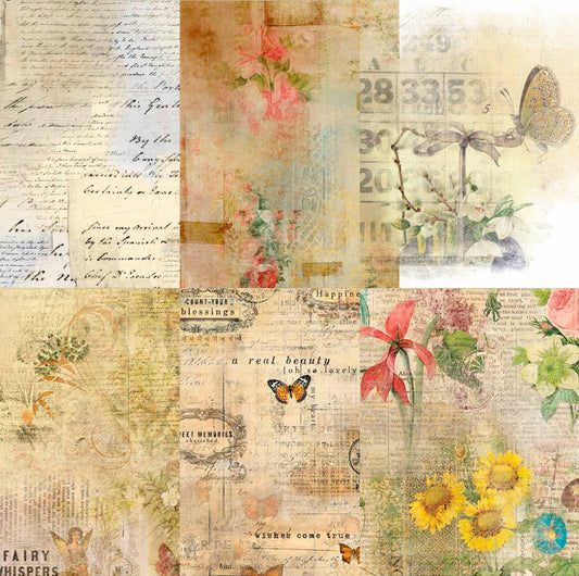 Mixed Overlay Rice Paper, 20.32 x 26.67 cm - 6 x Different Printed Mulberry Paper Images 30gsm Visible Fibres for Decoupage Crafts Mixed Media Collage Art