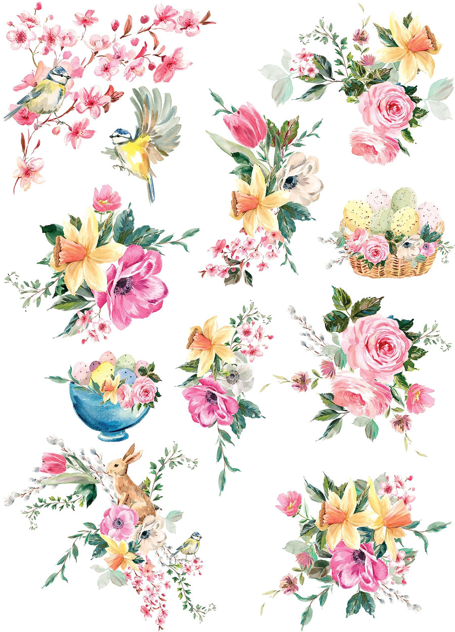 Easter Bouquet Rice Paper, 29.21 x 40.64 cm - 10 Unique Bouquet Images Printed on 36gsm Mulberry Paper Visible Fibres for Decoupage Furniture Renovation Crafts.