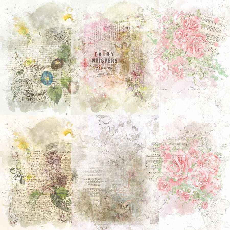 Distressed Floral Overlay Rice Paper, 20.32 x 26.67 cm - 6 x Different Printed Mulberry Paper Images 30gsm Visible Fibres for Decoupage Crafts Mixed Media Collage Art