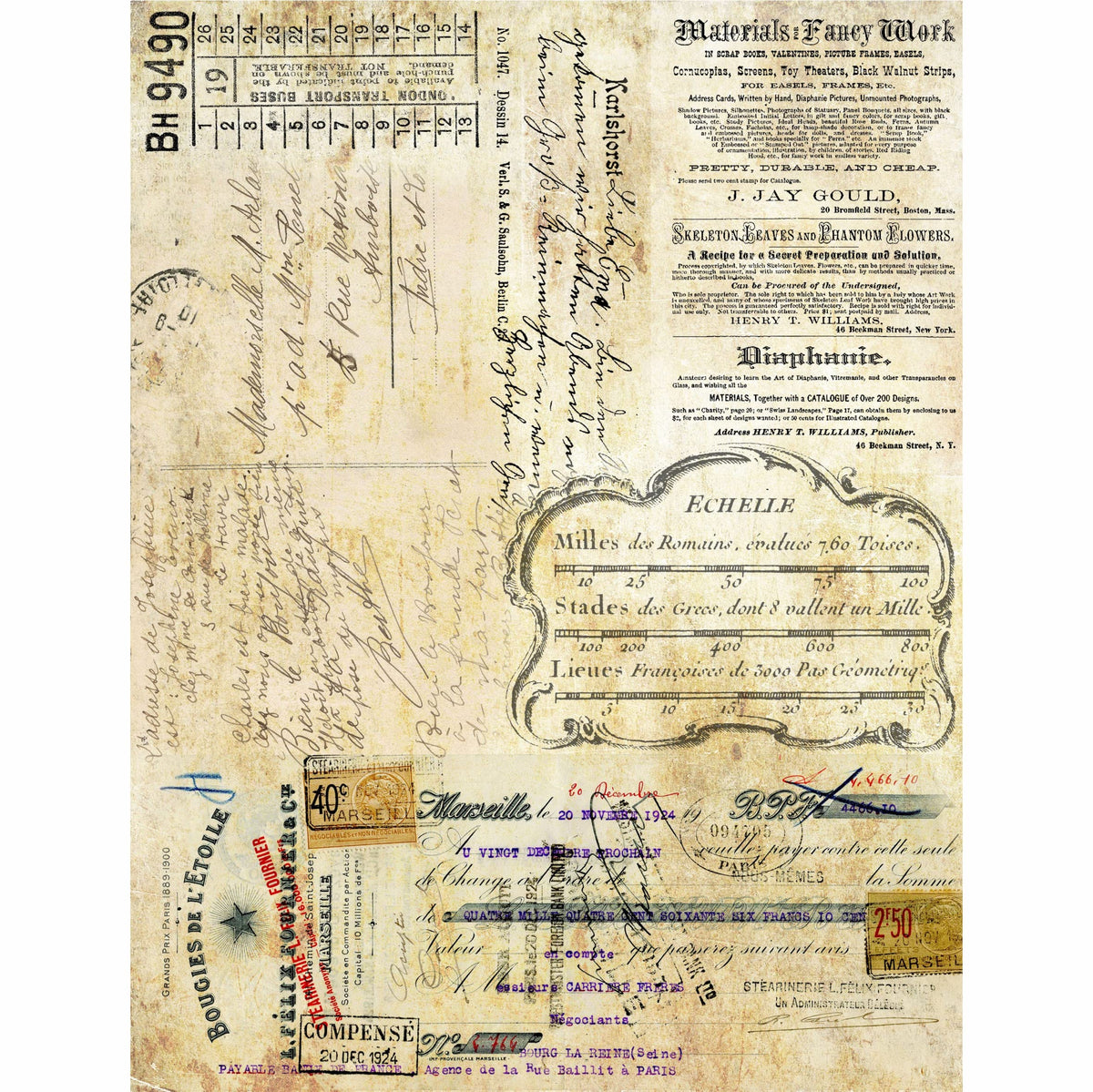 Script Background Rice Paper, 20.32 x 26.67 cm - 6 x Different Printed Mulberry Paper Images 30gsm Visible Fibres for Decoupage Crafts Mixed Media Collage Art