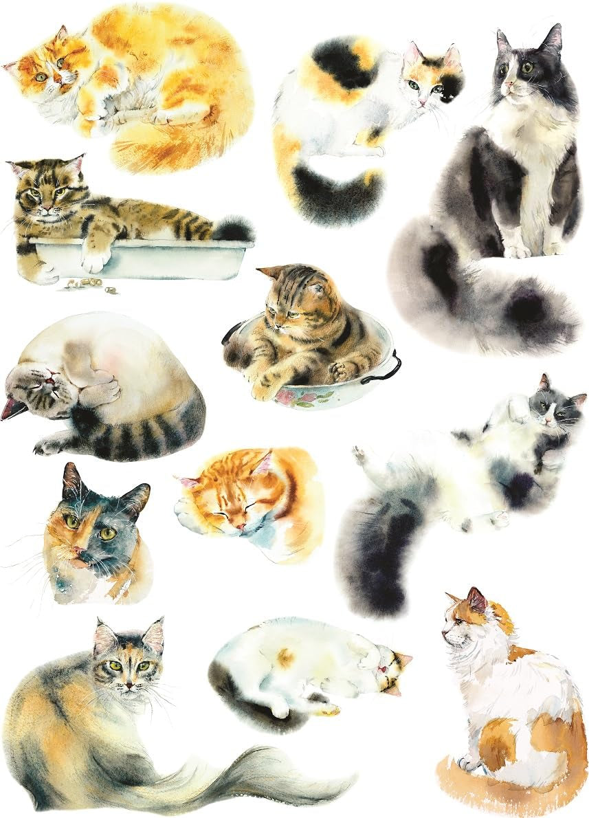 Watercolor Cats Rice Paper, 29.21 x 40.64 cm - 12 Unique Cat Images Printed on 36gsm Mulberry Paper Visible Fibres for Decoupage Furniture Renovation Crafts.
