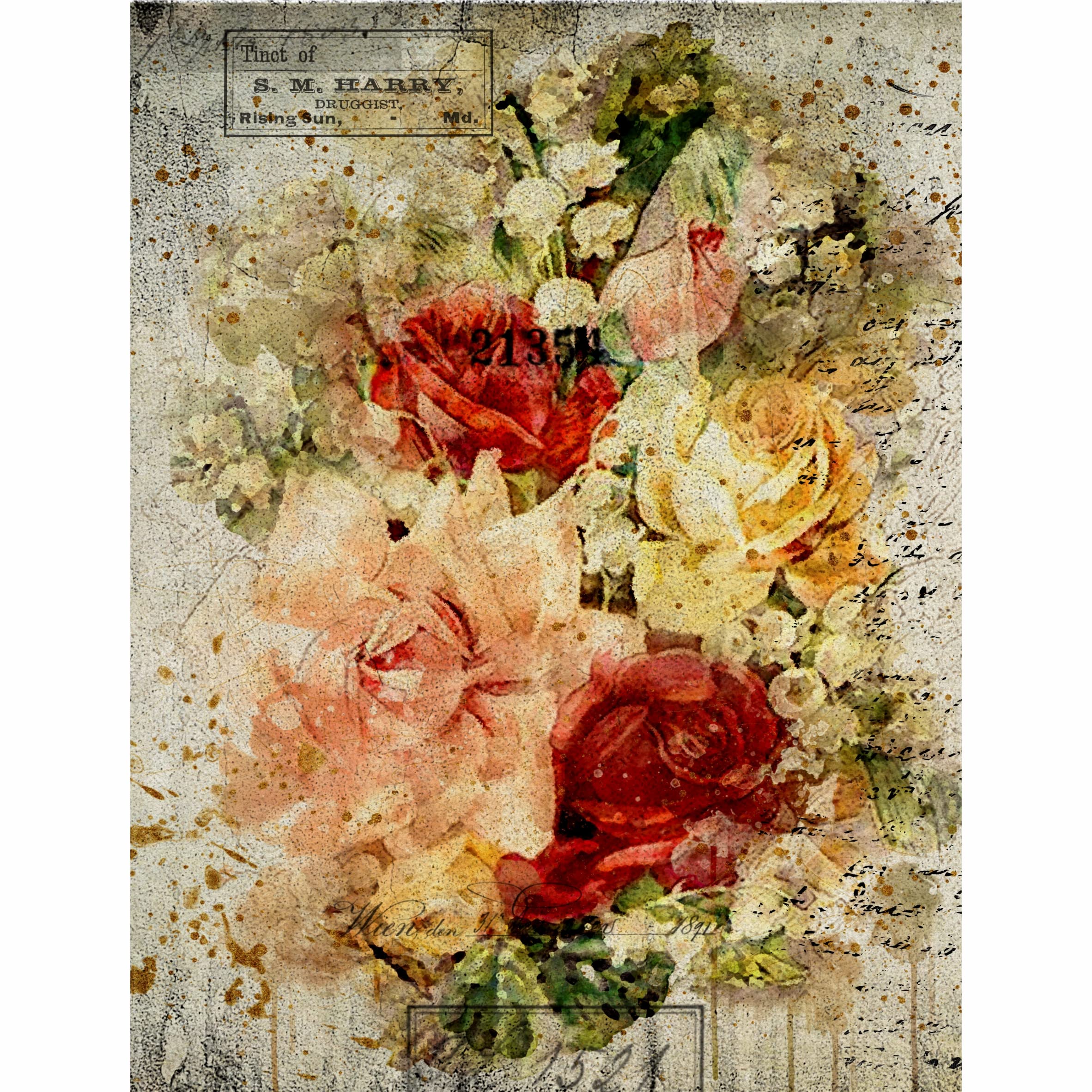 Distressed Bouquet Rice Paper, 20.32 x 26.67 cm - 6 x Different Printed Mulberry Paper Images 30gsm Visible Fibres for Decoupage Crafts Mixed Media Collage Art