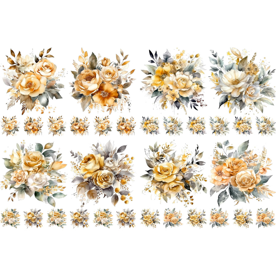 Bouquet Rice Papers - 4 Pages | 32 Pieces | 8 Unique Designs | Versatile Decoupage Designs for Art Projects & Crafting by CRAFT KREATIVELY (Gold)