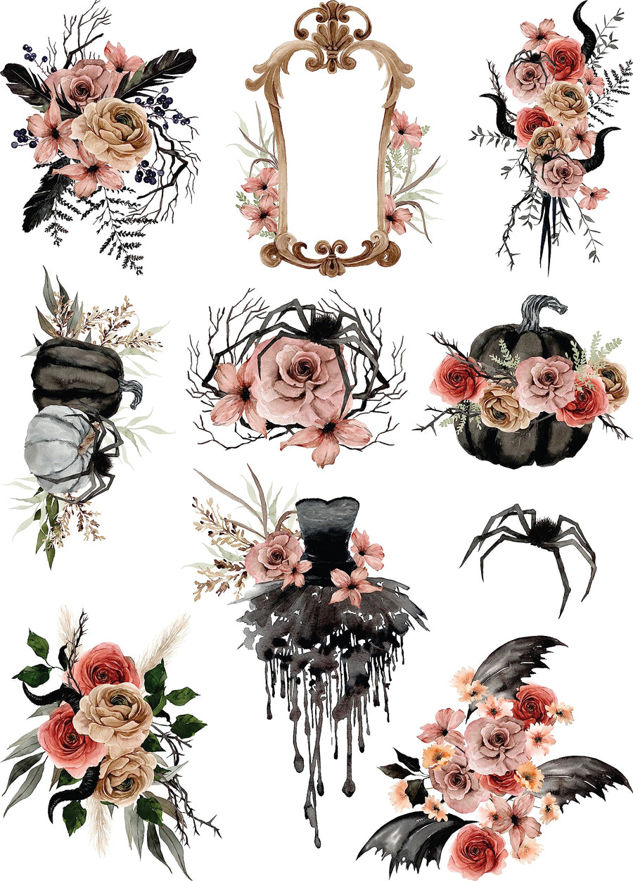 Halloween Bouquet Rice Paper, 29.21 x 40.64 cm - 10 Unique Halloween Arrangements Printed on 36gsm Mulberry Paper Visible Fibres for Decoupage Furniture Renovation Crafts.