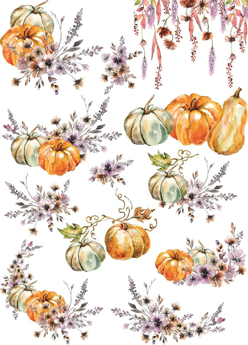 Thanksgiving Pumpkins Rice Paper, 29.21 x 40.64 cm - 12 Unique Pumpkin Images Printed on 36gsm Mulberry Paper Visible Fibres for Decoupage Furniture Renovation Crafts.