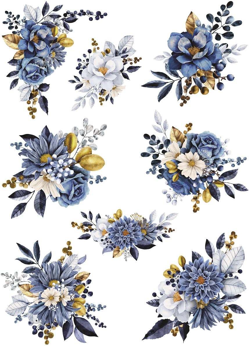 Blue Bouquet Rice Paper, 29.21 x 40.64 cm - 8 Unique Bouquet Images Printed on 36gsm Mulberry Paper Visible Fibres for Decoupage Furniture Renovation Crafts.