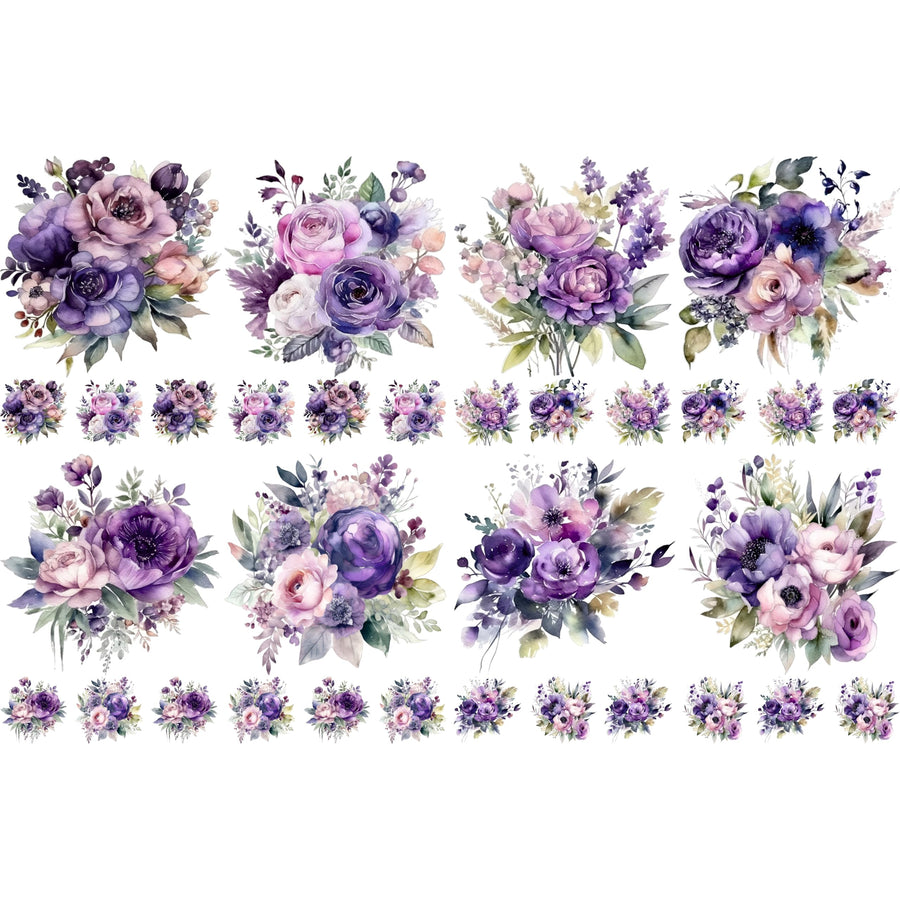 Bouquet Rice Papers - 4 Pages | 32 Pieces | 8 Unique Designs | Versatile Decoupage Designs for Art Projects & Crafting by CRAFT KREATIVELY (Purple)