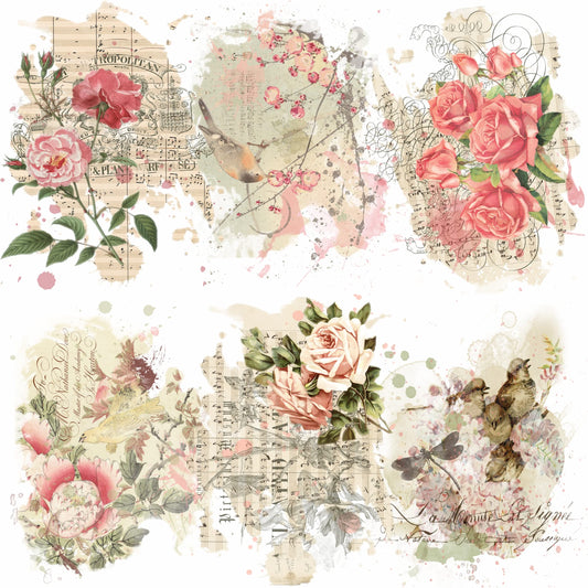 Roses Birds Overlay Rice Paper, 20.32 x 26.67 cm - 6 x Different Printed Mulberry Paper Images 30gsm Visible Fibres for Decoupage Crafts Mixed Media Collage Art
