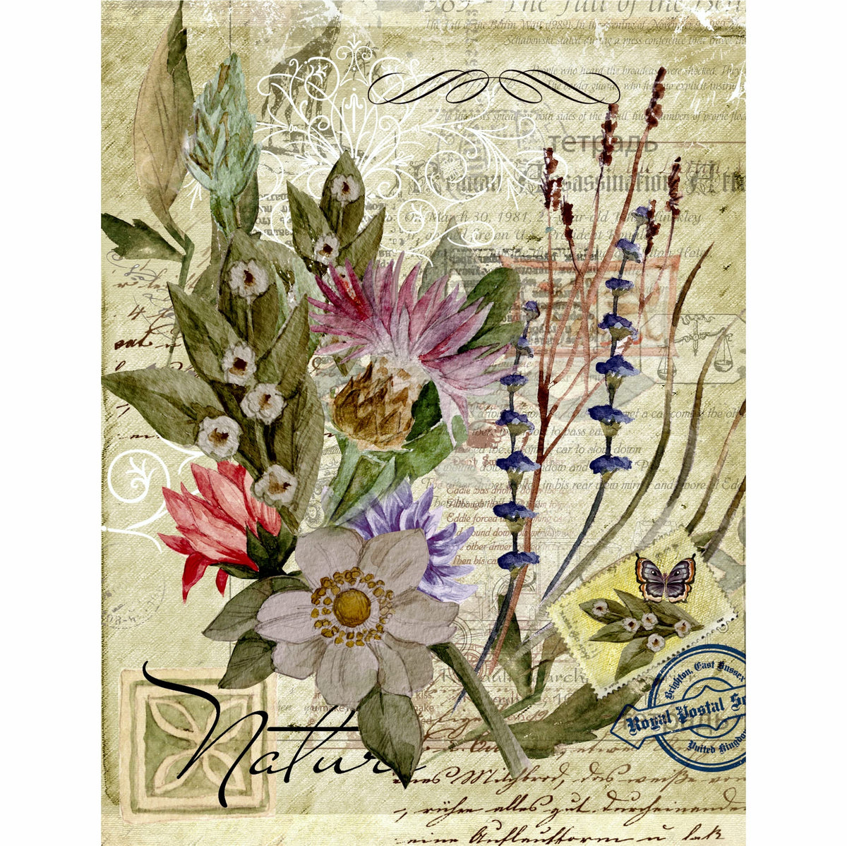Floral Postcard Rice Paper, 20.32 x 26.67 cm - 6 x Different Printed Mulberry Paper Images 30gsm Visible Fibres for Decoupage Crafts Mixed Media Collage Art