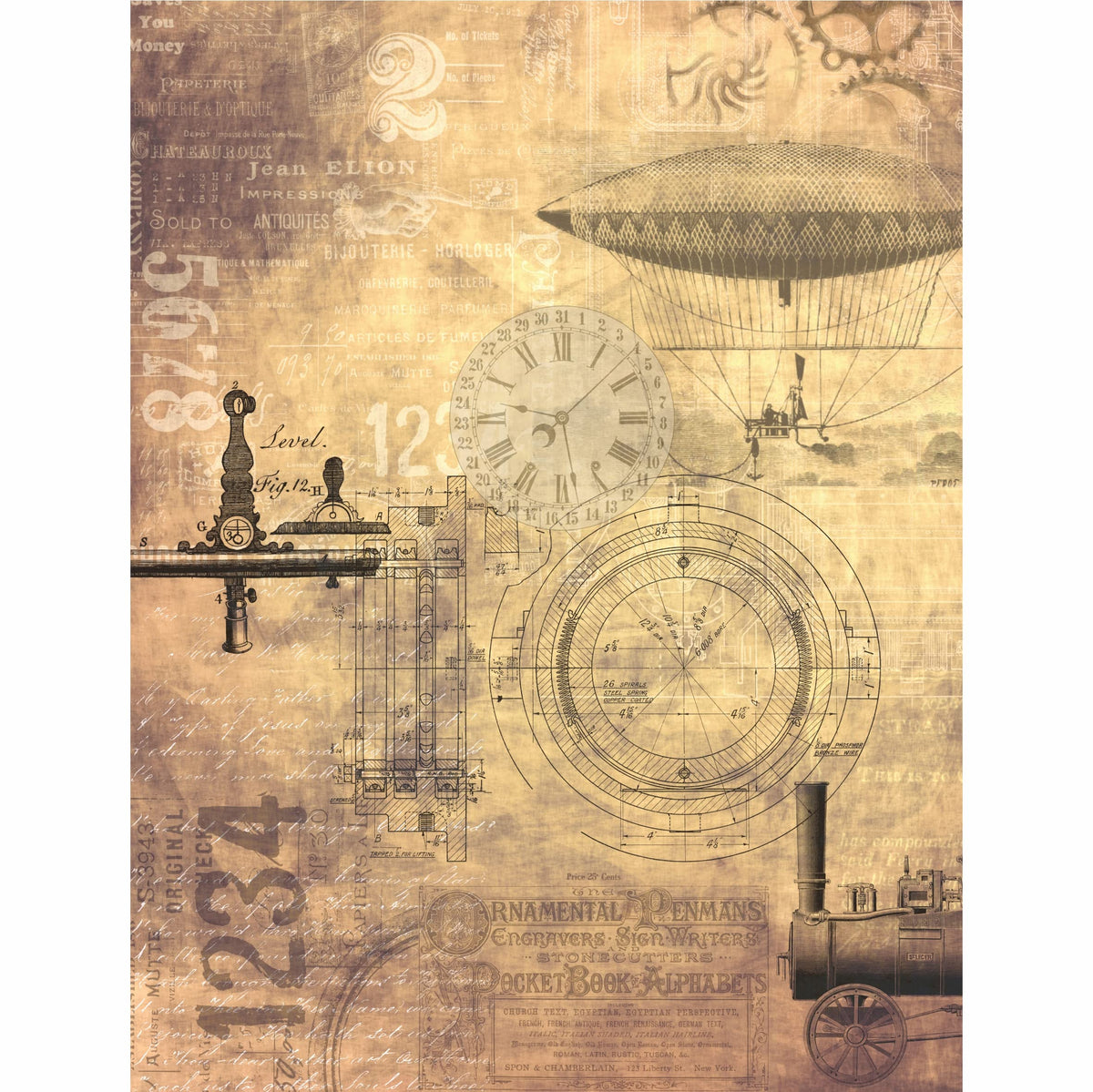 Steampunk Mix Rice Paper, 20.32 x 26.67 cm - 6 x Different Printed Mulberry Paper Images 30gsm Visible Fibres for Decoupage Crafts Mixed Media Collage Art