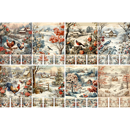 Winter Farm Decoupage Rice Papers, 8 x 11.5 inch (A4) - 4 Sheets | 32 Pieces | 8 Unique Designs | Versatile Christmas Designs for Art Projects & Crafting by CRAFT KREATIVELY
