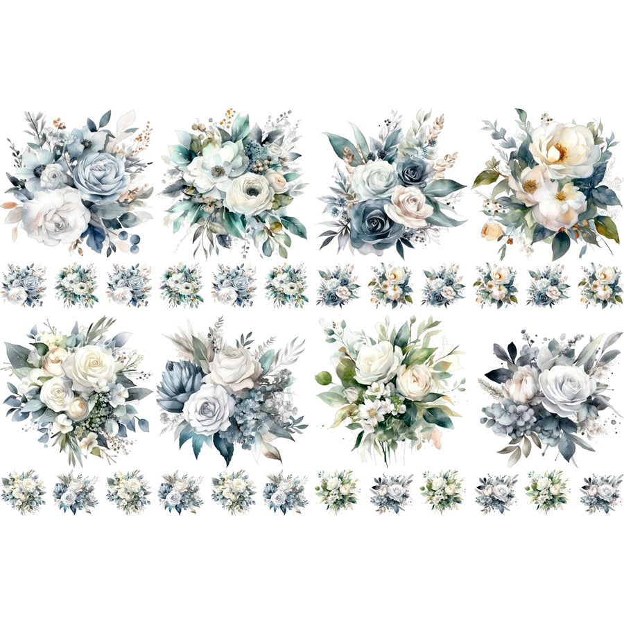 Bouquet Rice Papers - 4 Pages | 32 Pieces | 8 Unique Designs | Versatile Decoupage Designs for Art Projects & Crafting by CRAFT KREATIVELY (Silver)