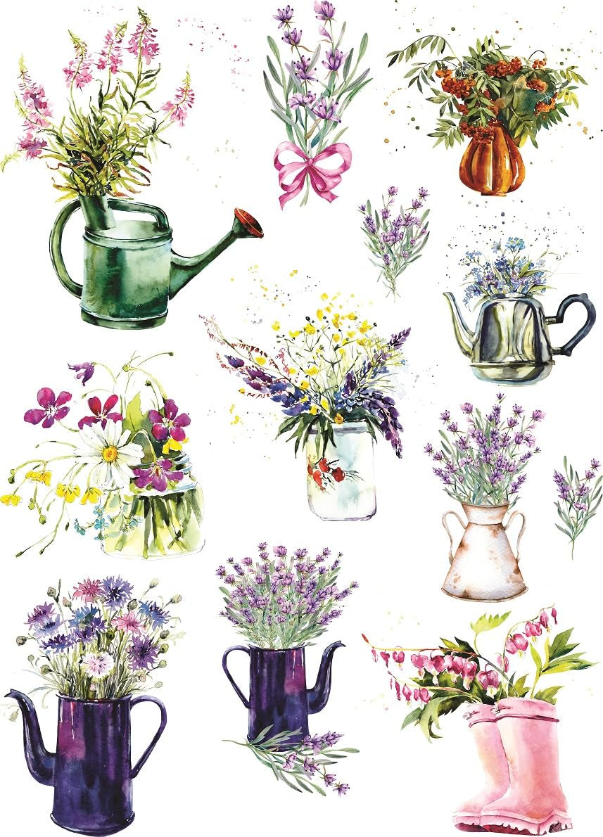 Flower Vases Rice Paper, 29.21 x 40.64 cm - 12 Unique Bouquet Images Printed on 36gsm Mulberry Paper Visible Fibres for Decoupage Furniture Renovation Crafts.