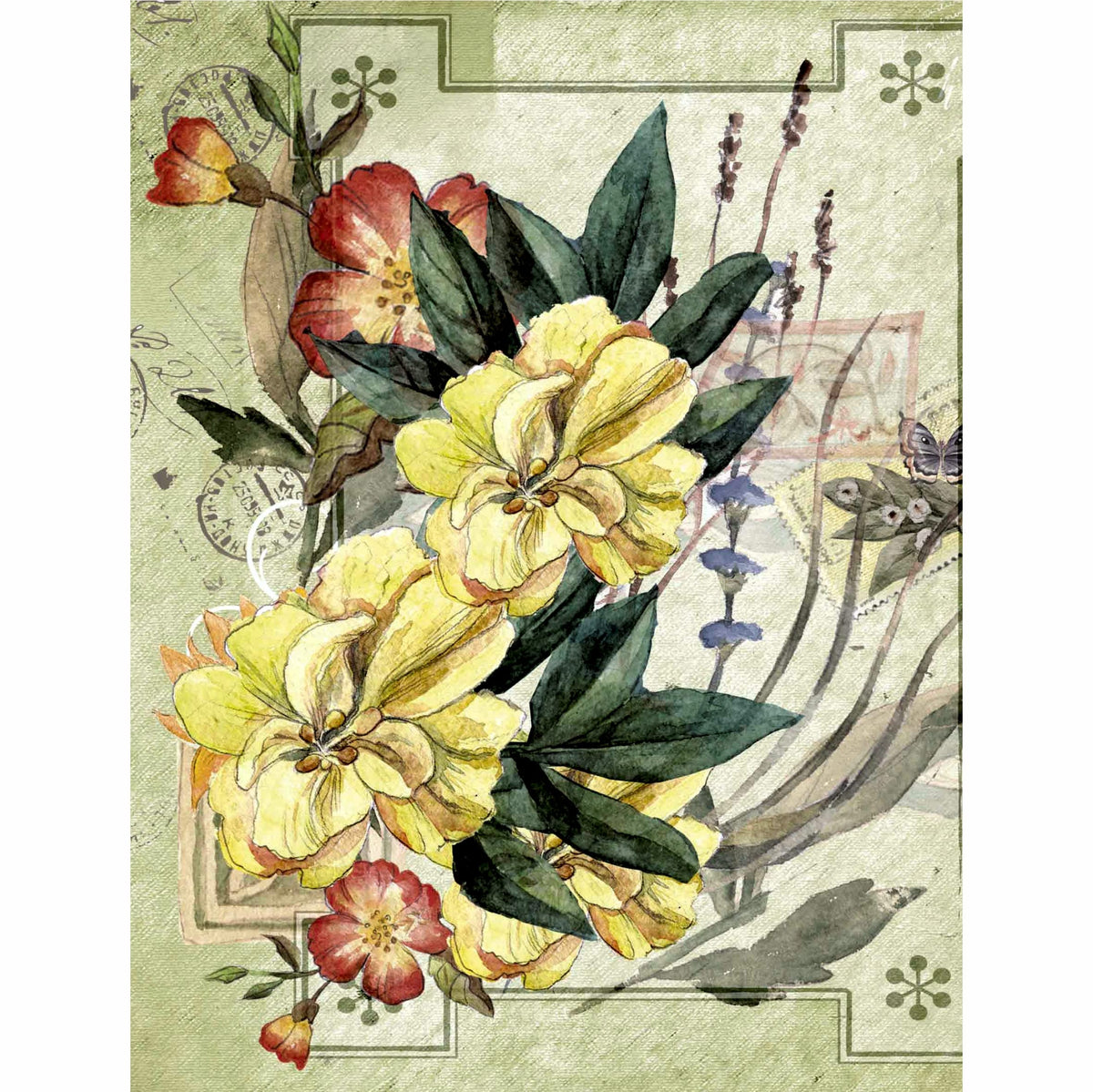 Floral Postcard Rice Paper, 20.32 x 26.67 cm - 6 x Different Printed Mulberry Paper Images 30gsm Visible Fibres for Decoupage Crafts Mixed Media Collage Art
