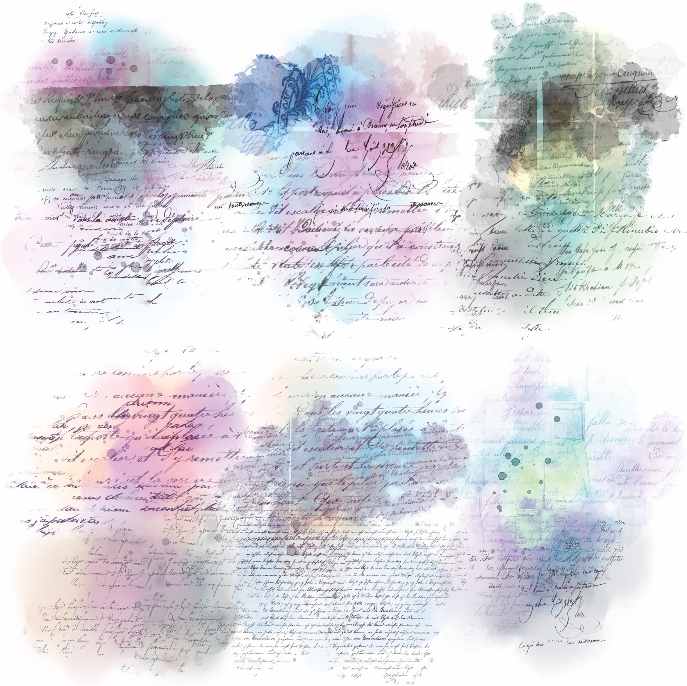 Colored Script Overlay Rice Paper, 20.32 x 26.67 cm - 6 x Different Printed Mulberry Paper Images 30gsm Visible Fibres for Decoupage Crafts Mixed Media Collage Art